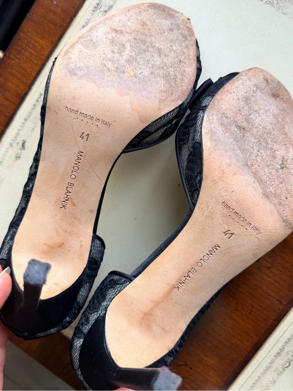 Manolo Blahnik Black Lace Peep-Toe Pumps with Satin Bow - Picture 9 of 9